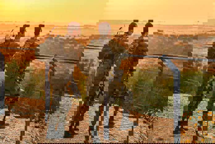 Two Israeli soldiers looking out over the Gaza Strip at sunset.