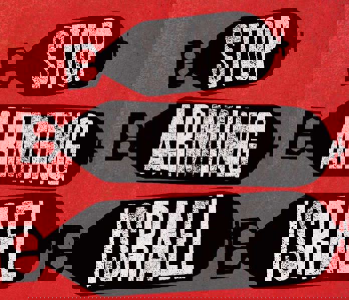 An illustration of three bombs falling with the words Stop Arming Israel written on the side.